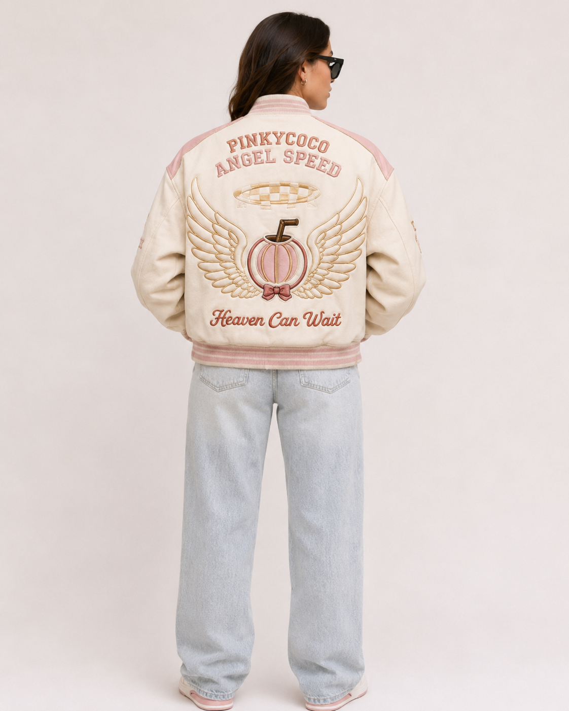 Model wearing the PinkyCoco Coco Angel Speed women's satin racing jacket, three-quarter view
