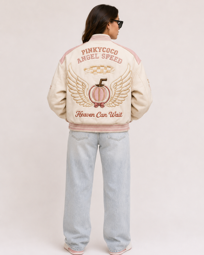 Model wearing the PinkyCoco Coco Angel Speed women's satin racing jacket, three-quarter view