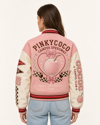 Model wearing the PinkyCoco Coco Campus Speedway women's racing jacket, three-quarter view