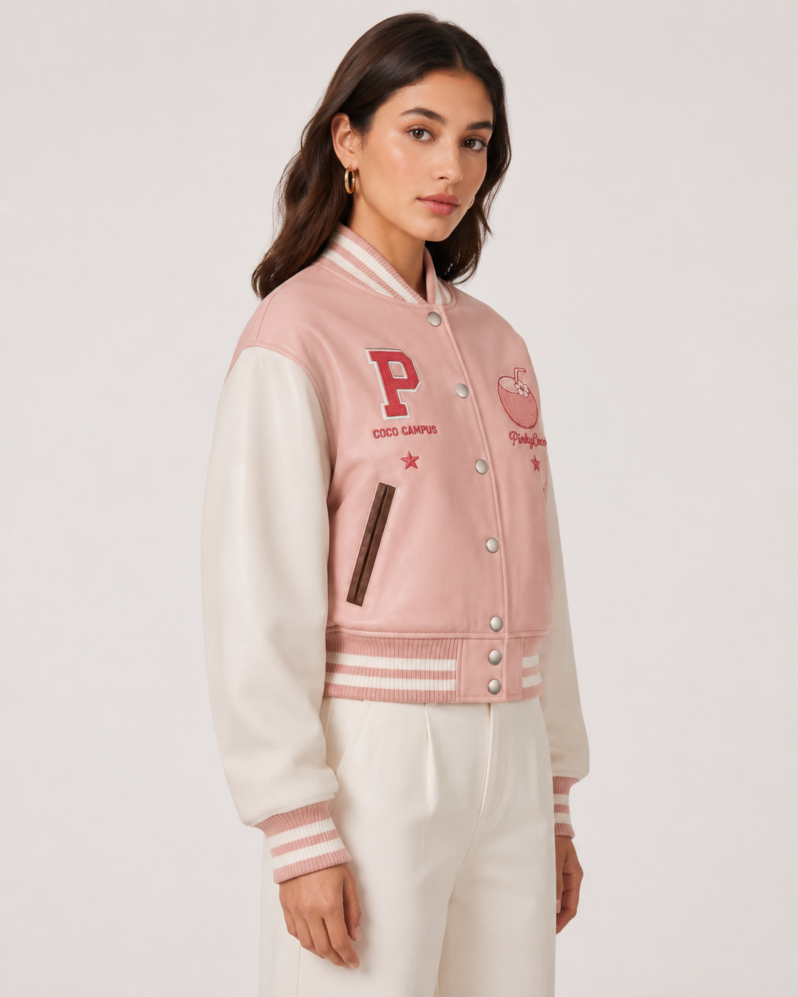 Model wearing PinkyCoco Coco Campus Women's Leather Fashion Jacket, three-quarter view
