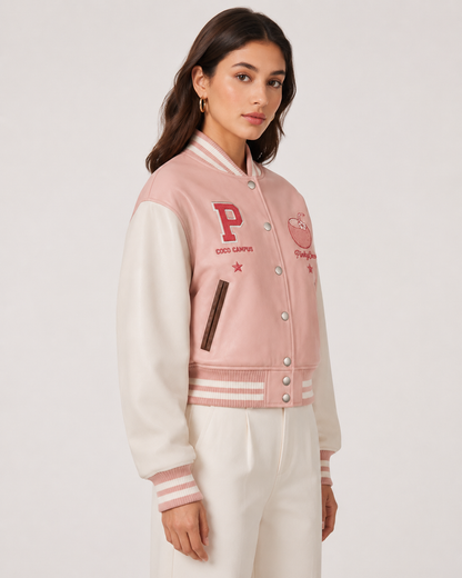 Model wearing PinkyCoco Coco Campus Women's Leather Fashion Jacket, three-quarter view
