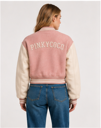 Model wearing PinkyCoco Coco Campus Women's Varsity Jacket, three-quarter view
