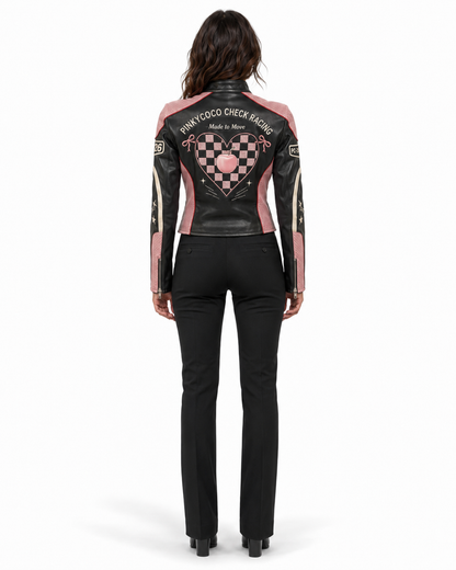 Model wearing the PinkyCoco Coco Check Perforated women's racing jacket, three-quarter view