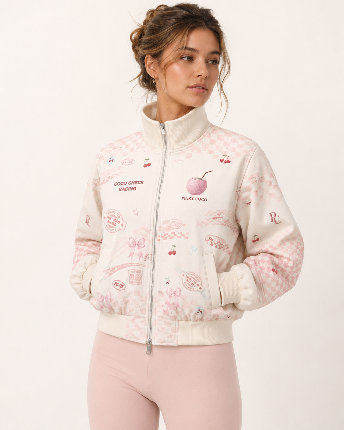 Model wearing the PinkyCoco Coco Check women's racing jacket, three-quarter view