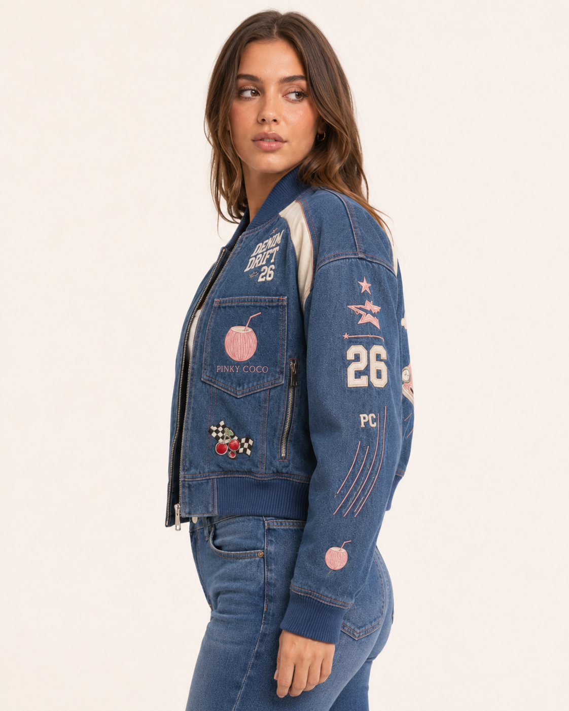 Model wearing the PinkyCoco Coco Drift women's racing jacket, three-quarter view
