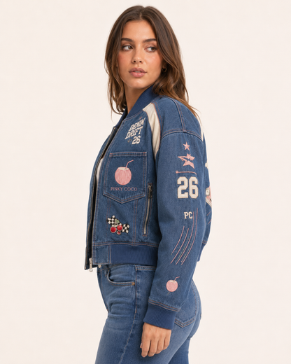 Model wearing the PinkyCoco Coco Drift women's racing jacket, three-quarter view