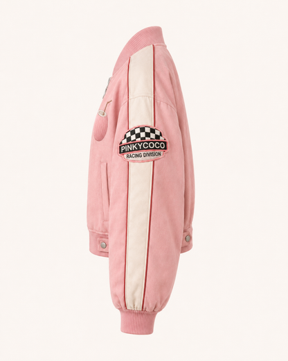 Model wearing the PinkyCoco Coco Grand Prix women's satin racing jacket, three-quarter view
