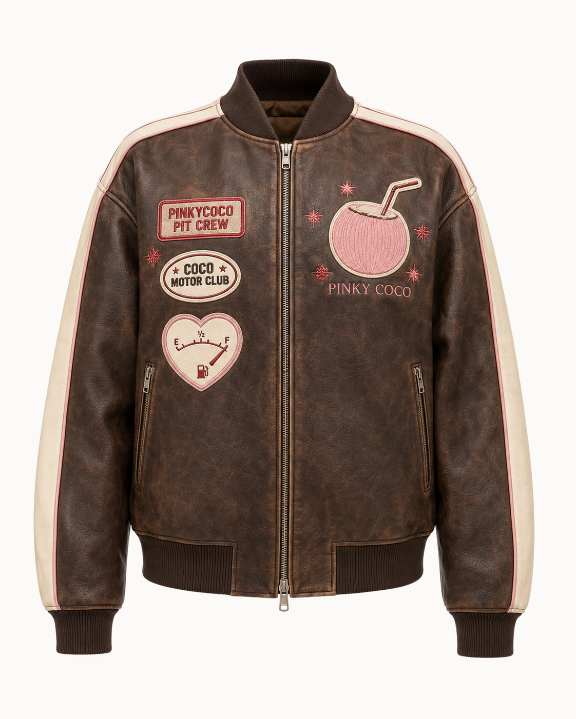 Model wearing PinkyCoco Coco Heritage Pit Crew Women's Fashion Jacket, three-quarter view