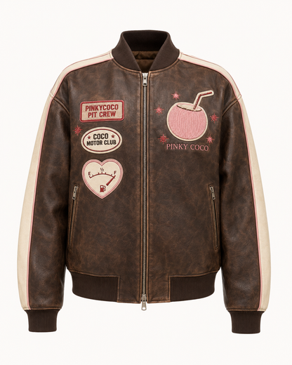 Model wearing PinkyCoco Coco Heritage Pit Crew Women's Fashion Jacket, three-quarter view