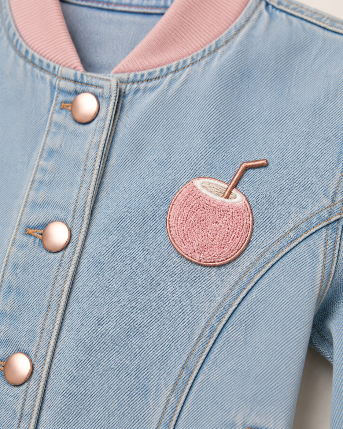 Model wearing PinkyCoco Coco Pink Women's Denim Jacket, three-quarter view