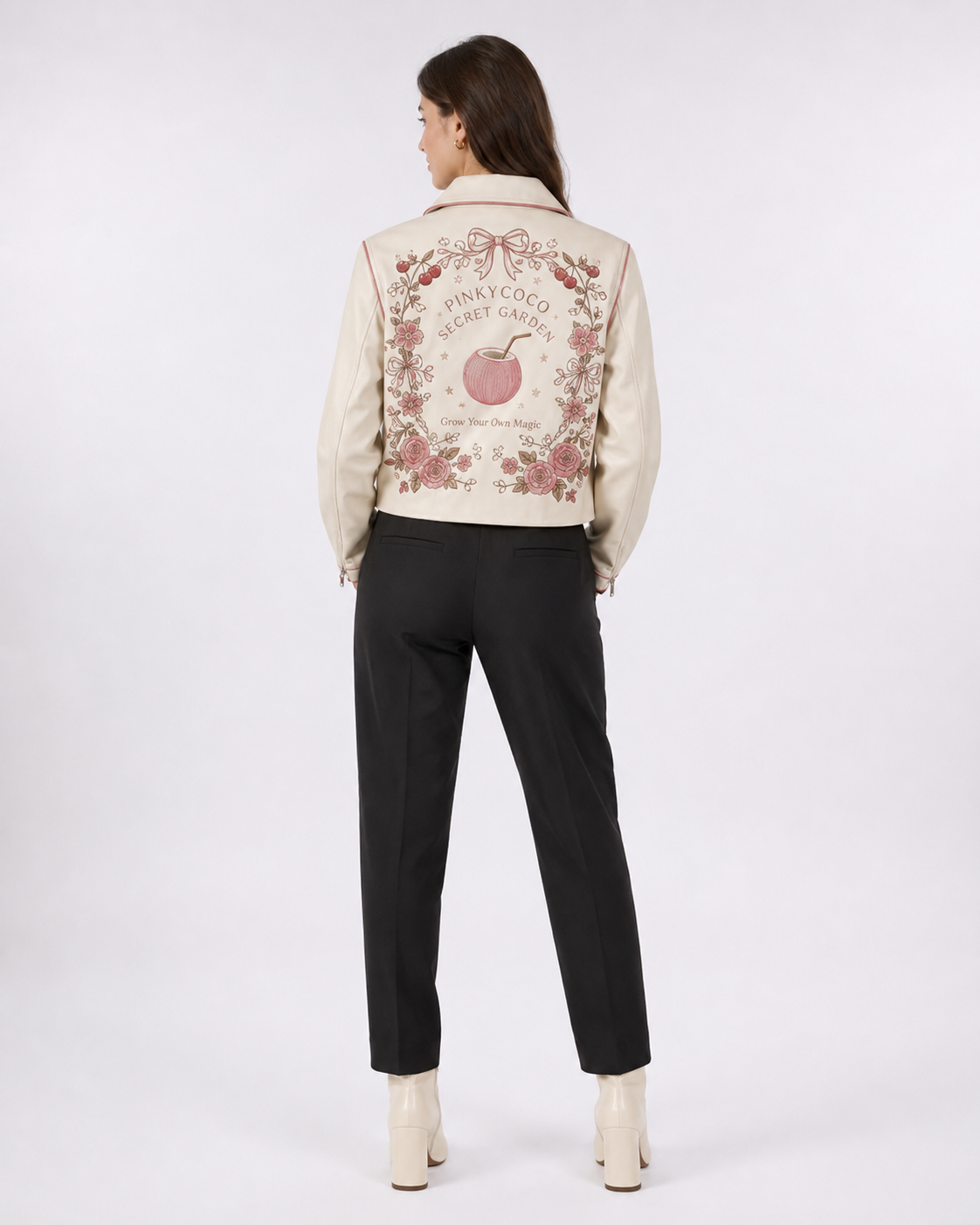 Model wearing PinkyCoco Coco Secret Garden Women's Leather Fashion Jacket, three-quarter view