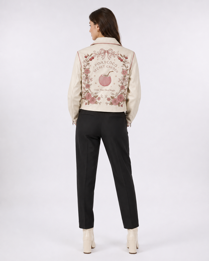 Model wearing PinkyCoco Coco Secret Garden Women's Leather Fashion Jacket, three-quarter view
