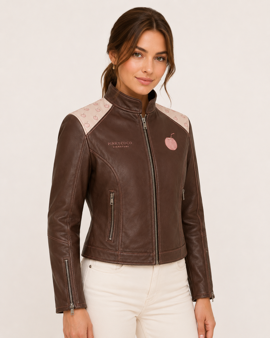 Model wearing PinkyCoco Coco Signature Printed Women's Leather Fashion Jacket, three-quarter view