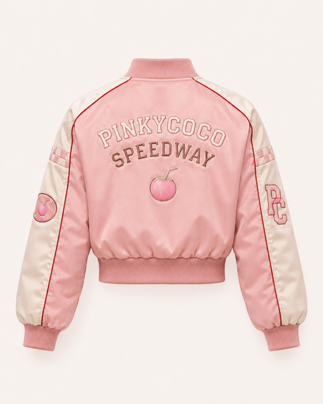 Model wearing the PinkyCoco Coco Speedway women's satin racing jacket, three-quarter view