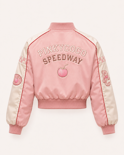 Model wearing the PinkyCoco Coco Speedway women's satin racing jacket, three-quarter view