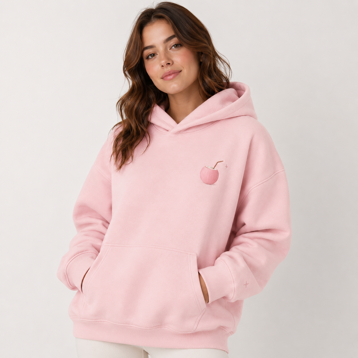 Three-quarter view of the PinkyCoco Coco Super Bloom women's hoodie