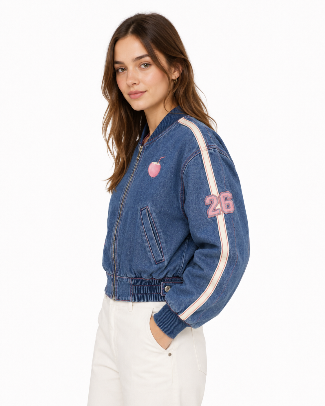 Model wearing the PinkyCoco Coco women's racing jacket, three-quarter view