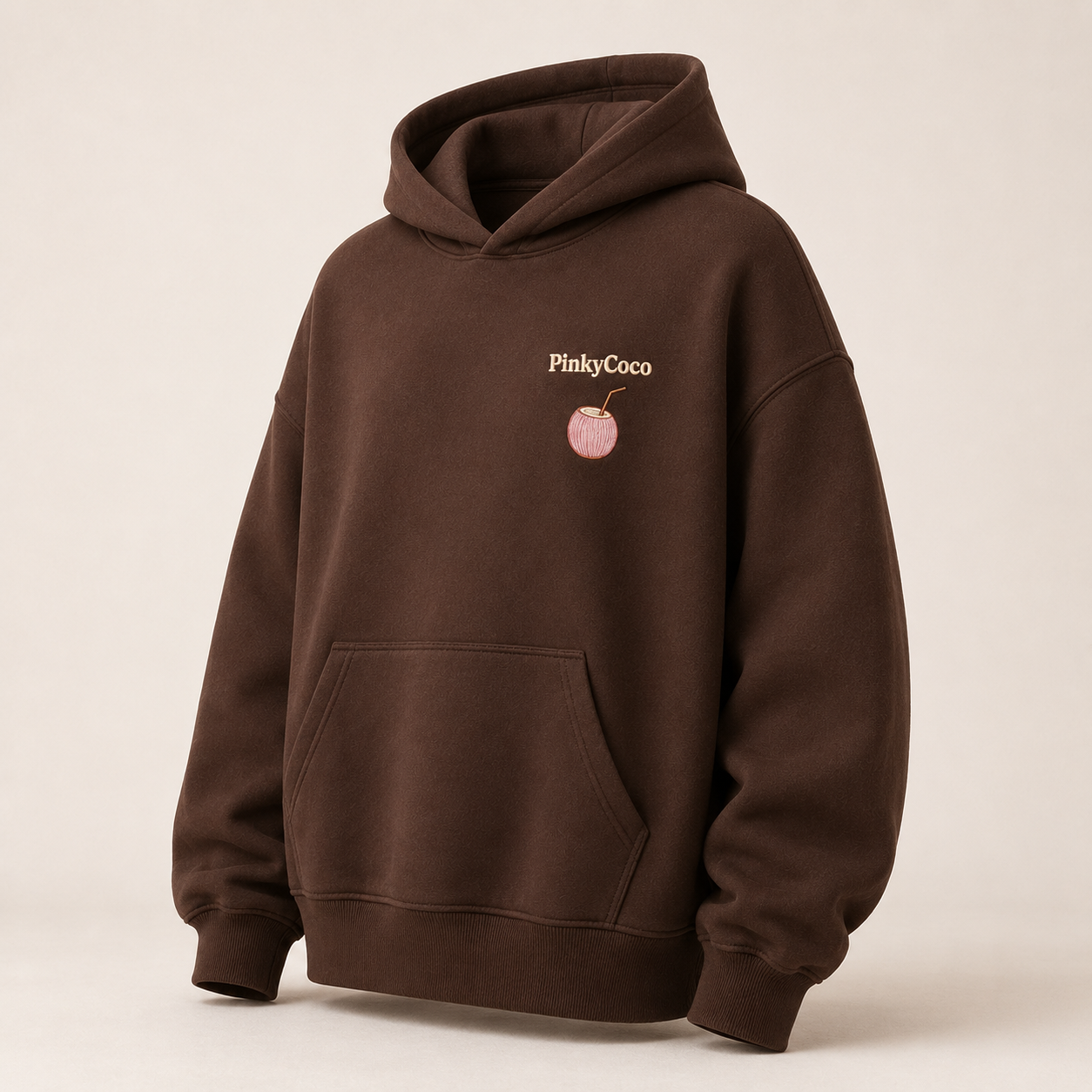 Three-quarter view of the PinkyCoco Cocoa Coffee Palm women's hoodie