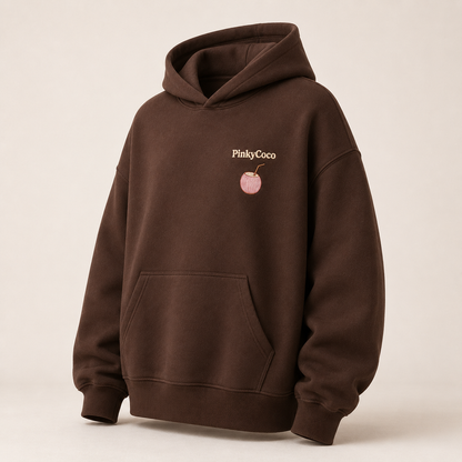 Three-quarter view of the PinkyCoco Cocoa Coffee Palm women's hoodie