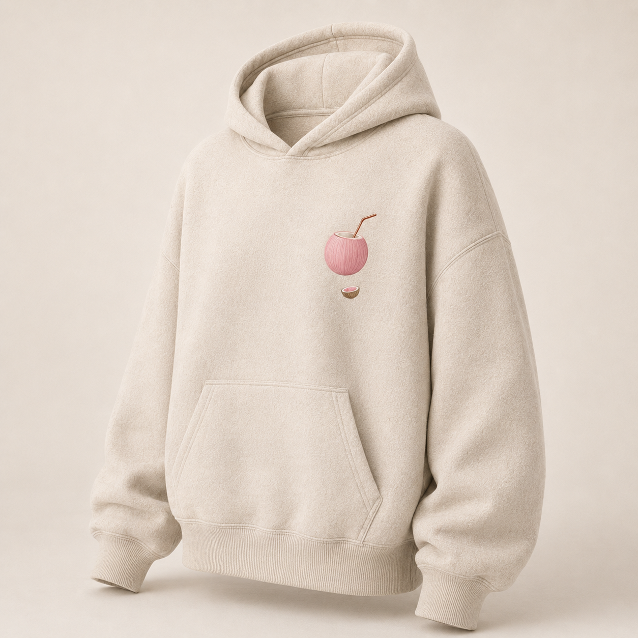 Three-quarter view of the PinkyCoco Coconut Harvest Morning women's hoodie