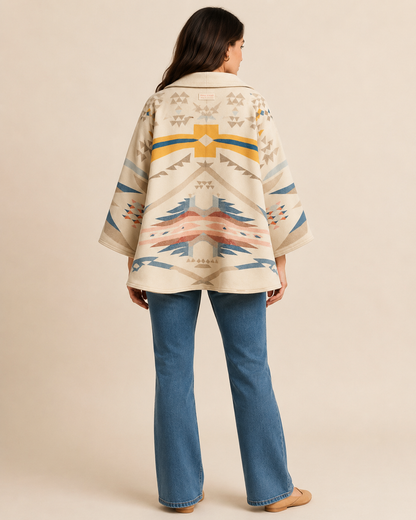 Three-quarter model view of the PinkyCoco Desert Bloom Geo women's wool blend artistic hooded cape