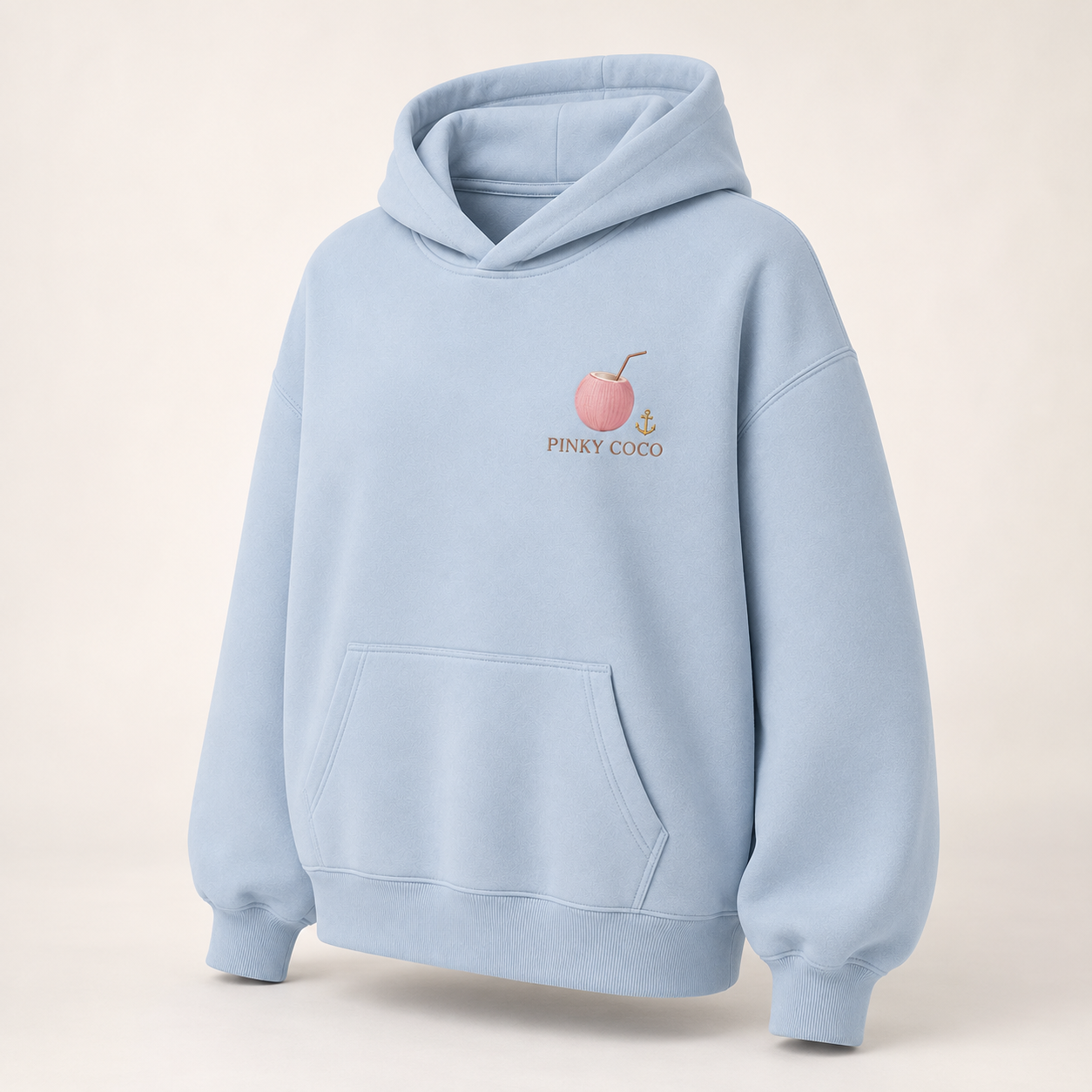 Three-quarter view of the PinkyCoco Dove Over Powder Tide women's hoodie