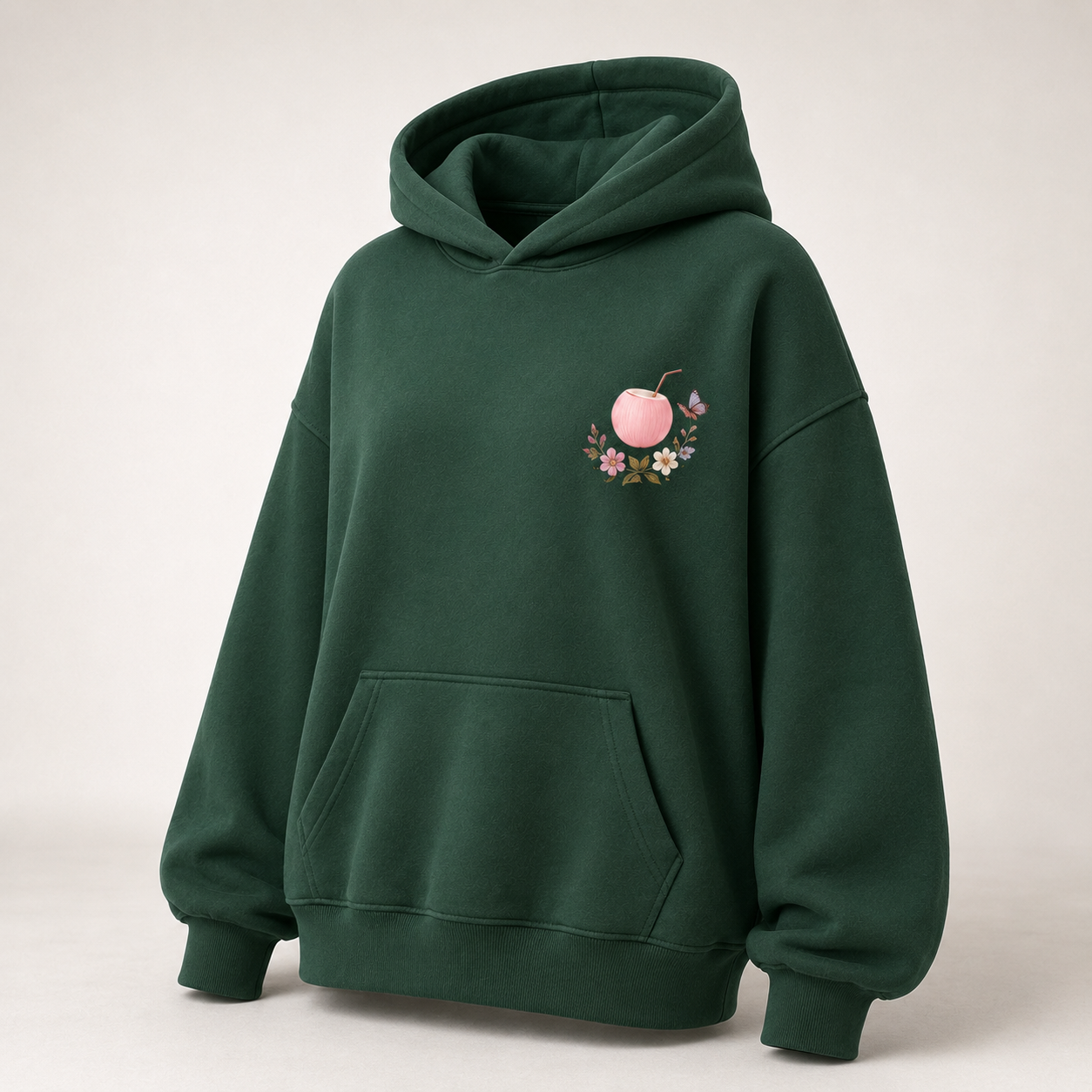 Three-quarter view of the PinkyCoco Emerald Wildflower Butterfly women's hoodie