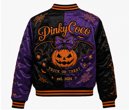 Model wearing PinkyCoco Halloween Women's Satin Bomber Jacket, three-quarter view