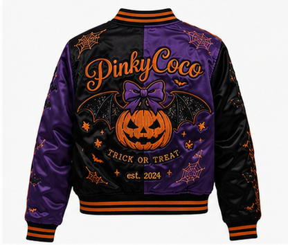 Model wearing PinkyCoco Halloween Women's Satin Bomber Jacket, three-quarter view