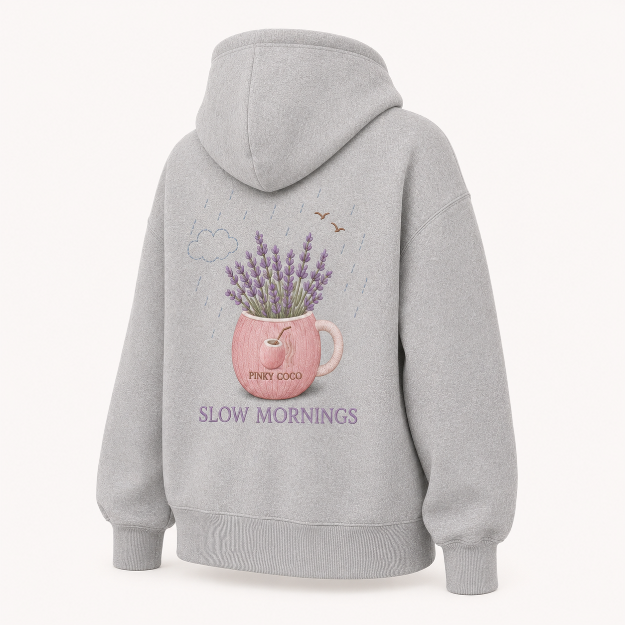 Three-quarter view of the PinkyCoco Lavender Rain Coffee women's hoodie