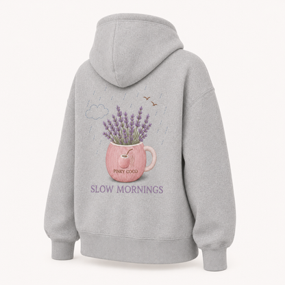 Three-quarter view of the PinkyCoco Lavender Rain Coffee women's hoodie