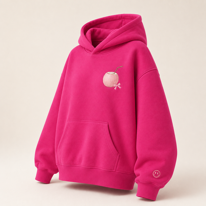 Three-quarter view of the PinkyCoco Magenta Bow Pop Garden women's hoodie