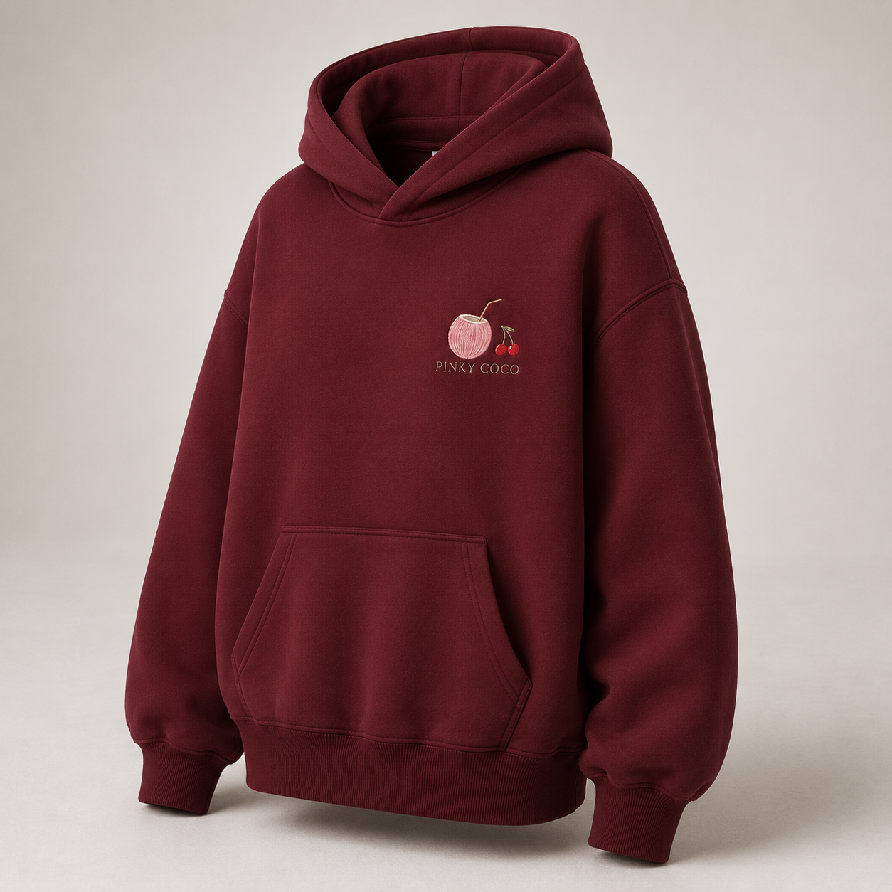 Three-quarter view of the PinkyCoco Maroon Cherry Constellation women's hoodie