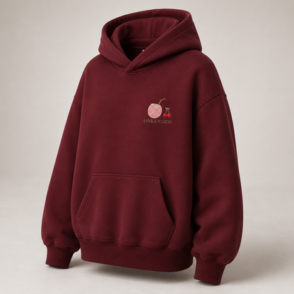 Three-quarter view of the PinkyCoco Maroon Cherry Constellation women's hoodie