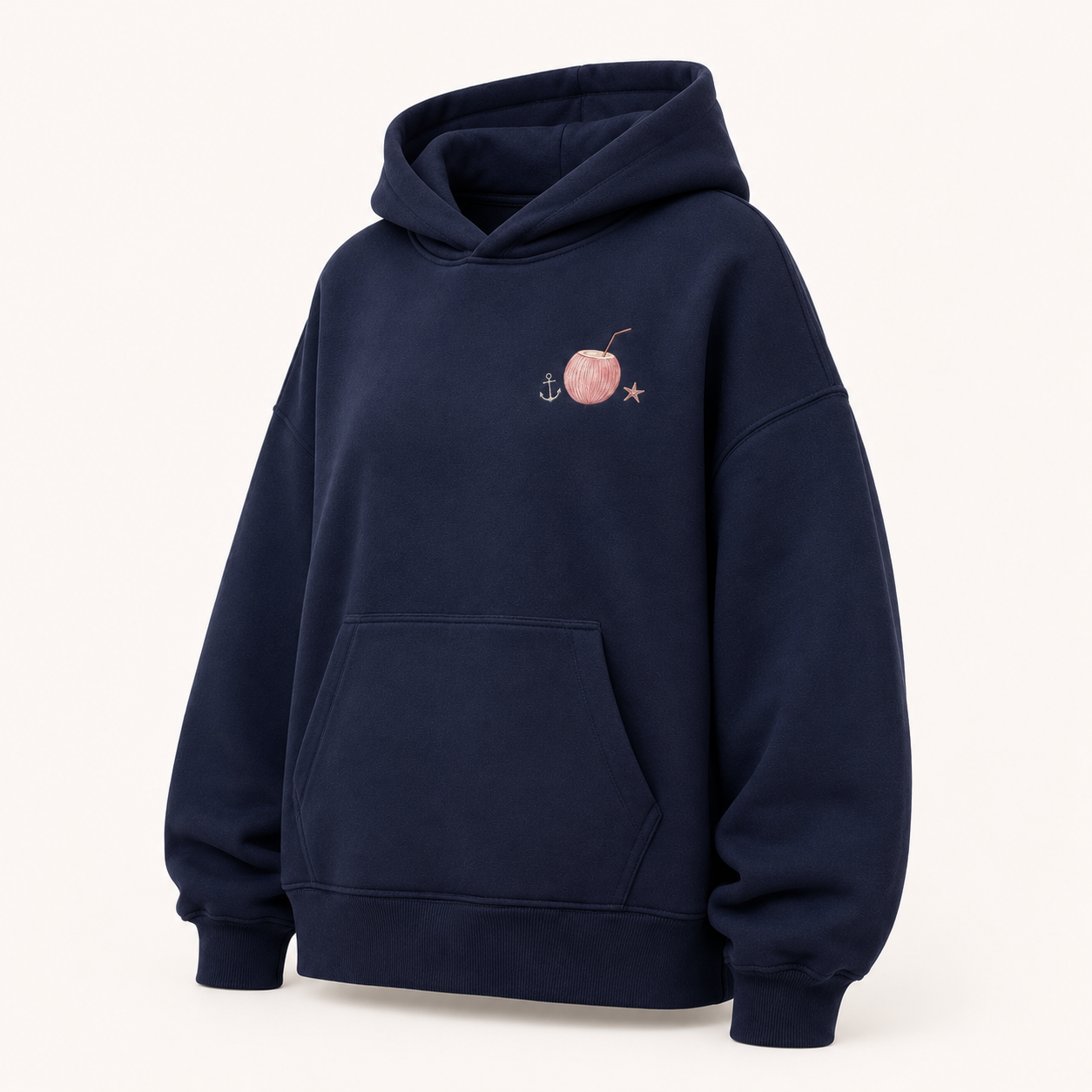 Three-quarter view of the PinkyCoco Navy Moon Tide Anchor women's hoodie