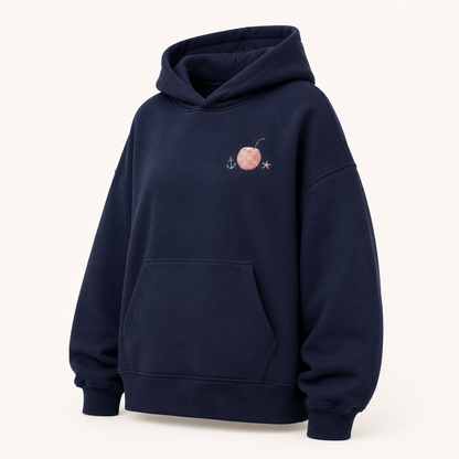 Three-quarter view of the PinkyCoco Navy Moon Tide Anchor women's hoodie