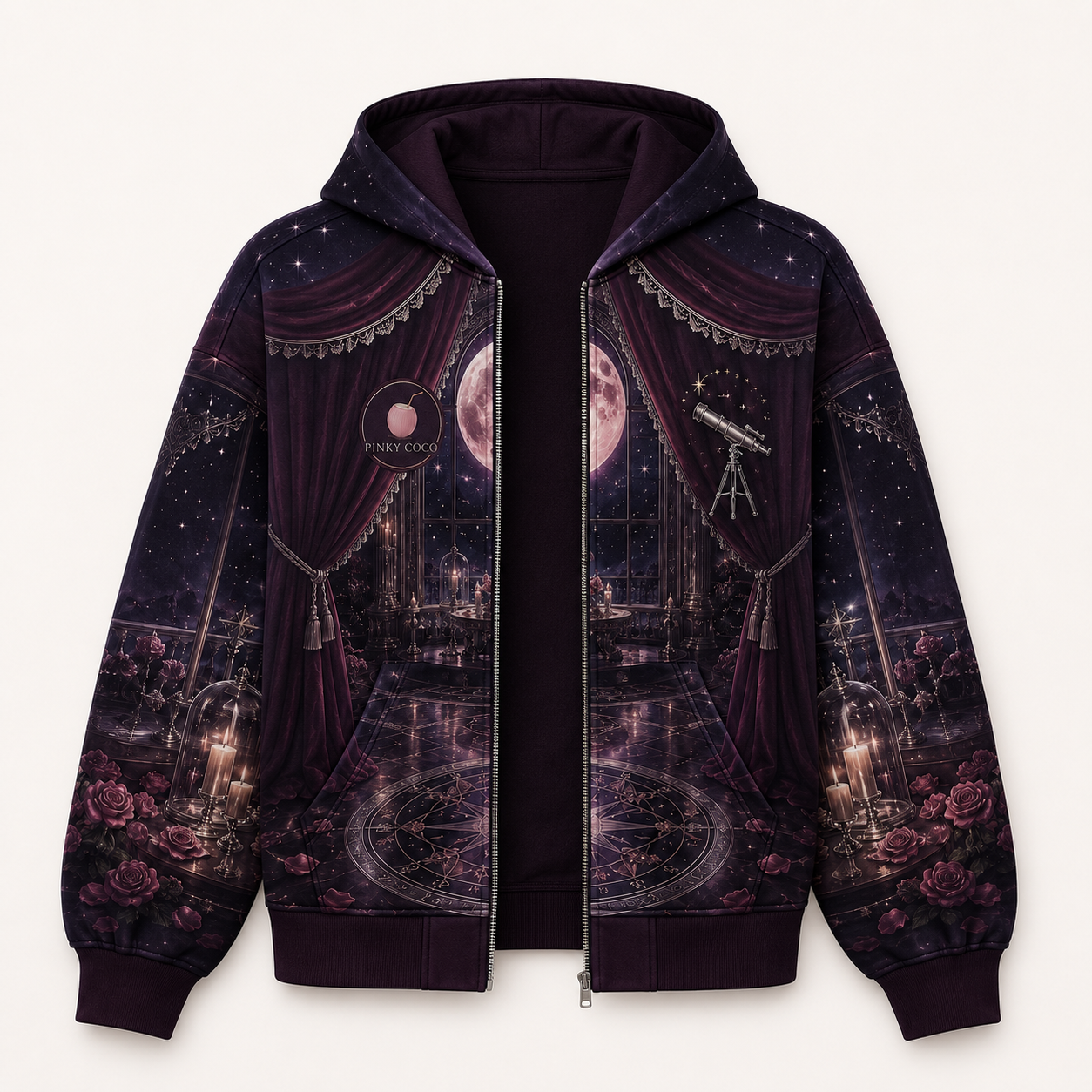 Three-quarter view of the PinkyCoco Observatory women's hoodie