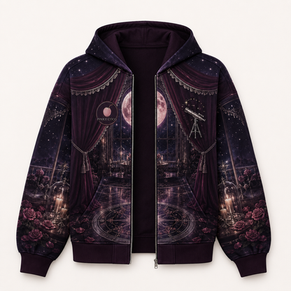 Three-quarter view of the PinkyCoco Observatory women's hoodie