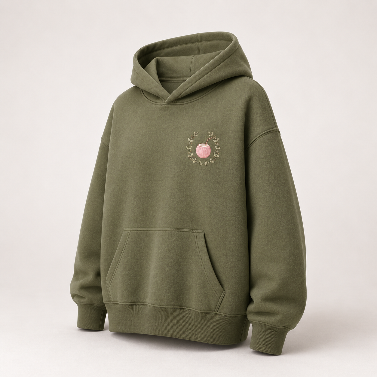Three-quarter view of the PinkyCoco Olive Coconut Coordinates women's hoodie