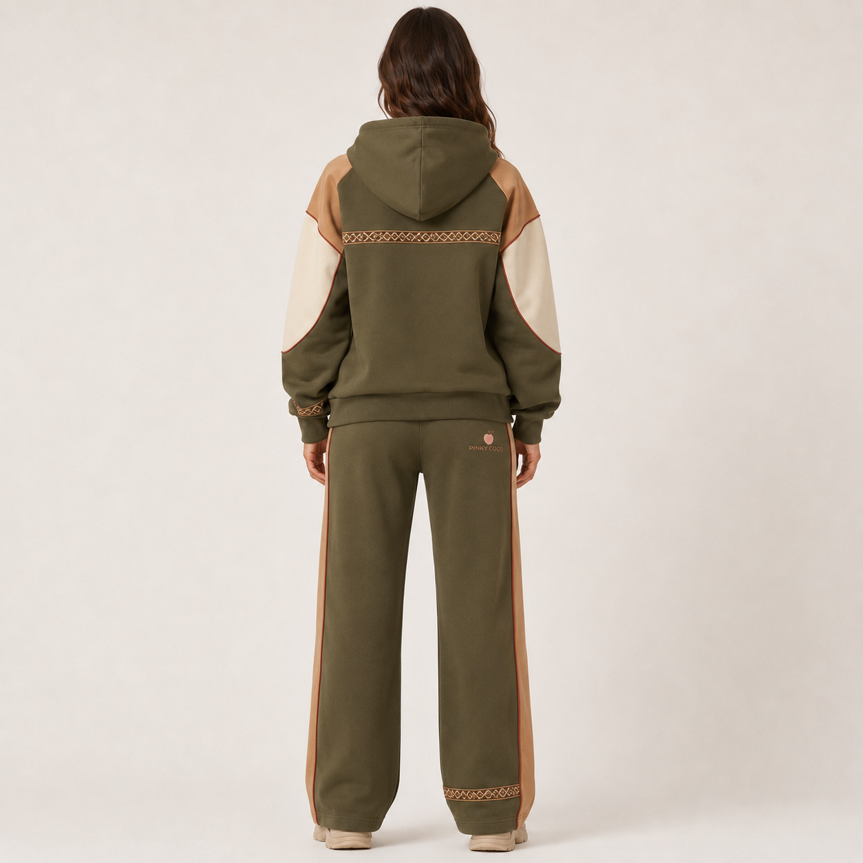 Three-quarter view of the PinkyCoco Olive Desert Trail matching fleece set