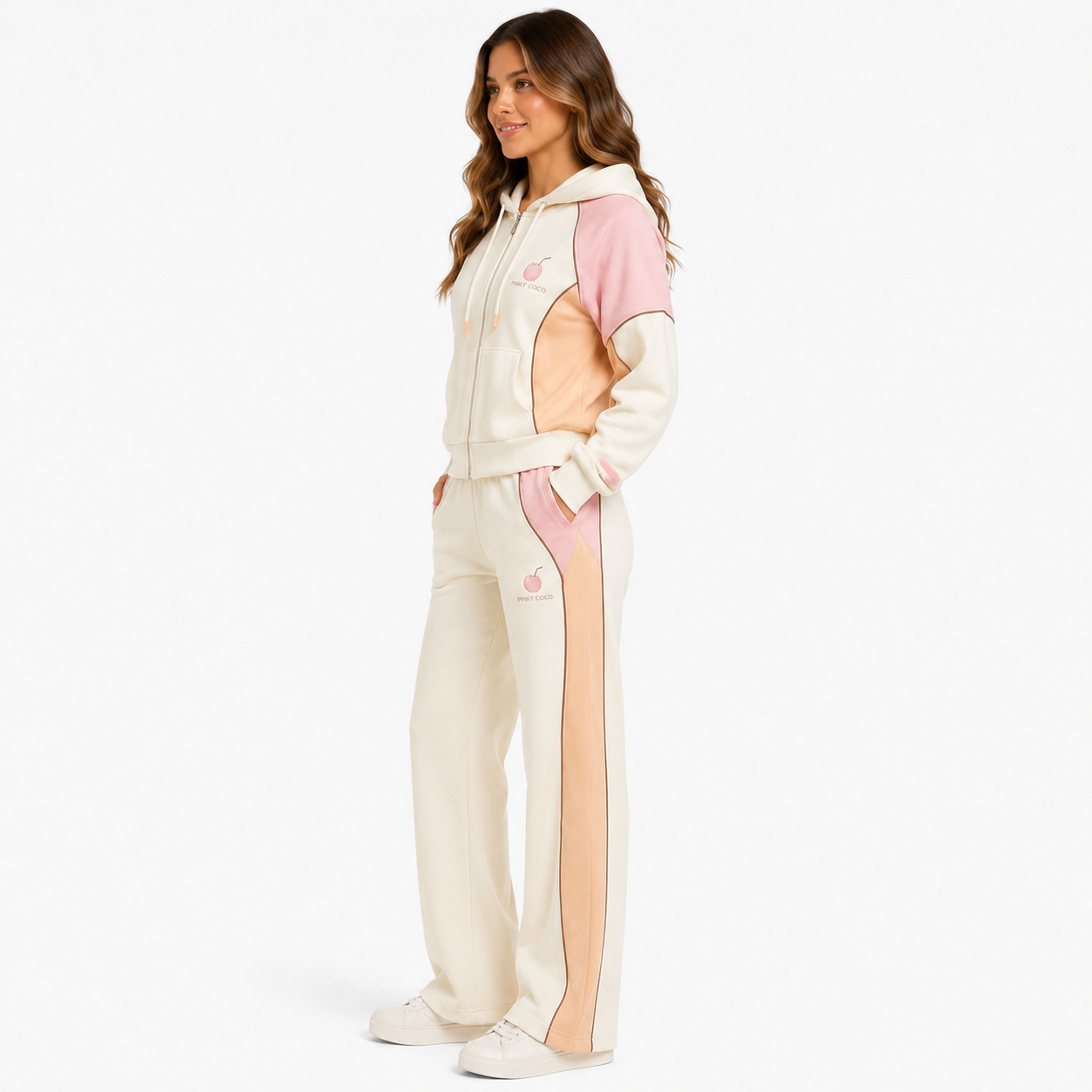 Three-quarter view of the PinkyCoco Peachy Coco matching fleece set