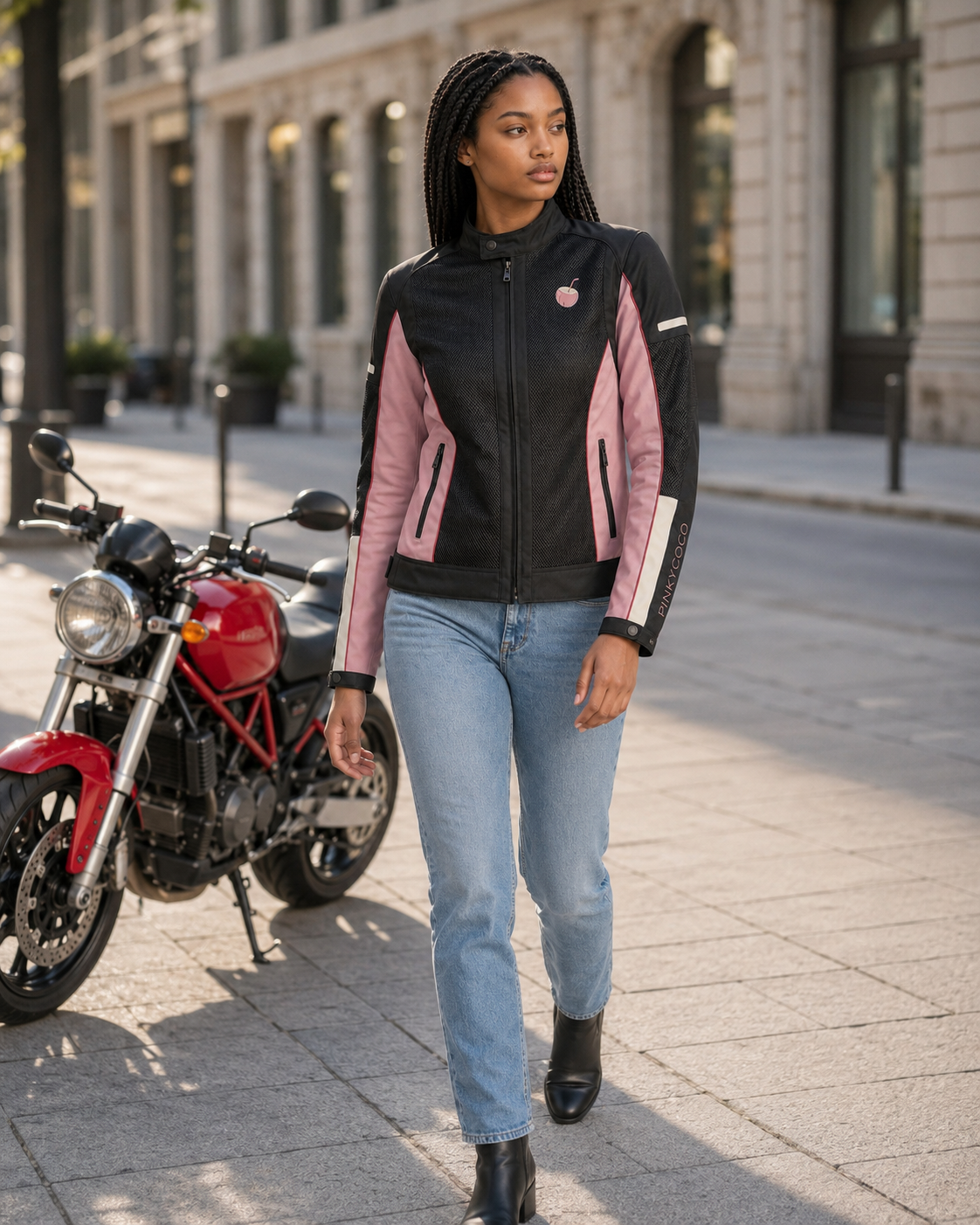 Model wearing the PinkyCoco Pink Mesh Ventilated Riding women's racing jacket, three-quarter view