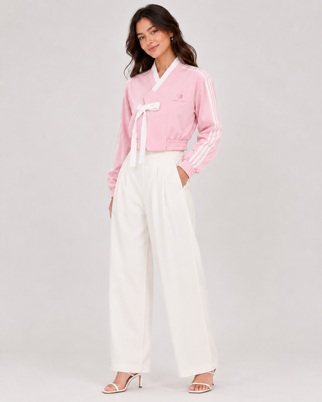 Model wearing PinkyCoco Pink Striped Bow Women's Fashion Jacket, three-quarter view