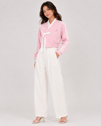 Model wearing PinkyCoco Pink Striped Bow Women's Fashion Jacket, three-quarter view