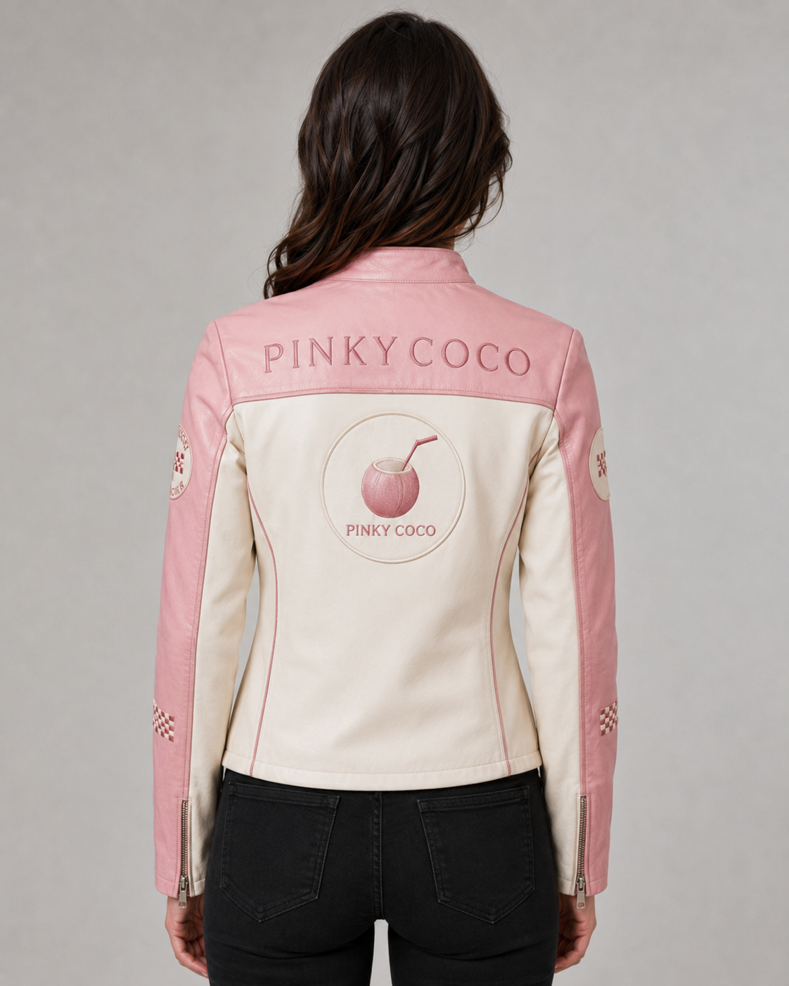 Model wearing the PinkyCoco Pink White women's racing jacket, three-quarter view