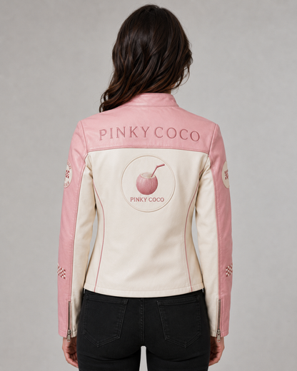 Model wearing the PinkyCoco Pink White women's racing jacket, three-quarter view