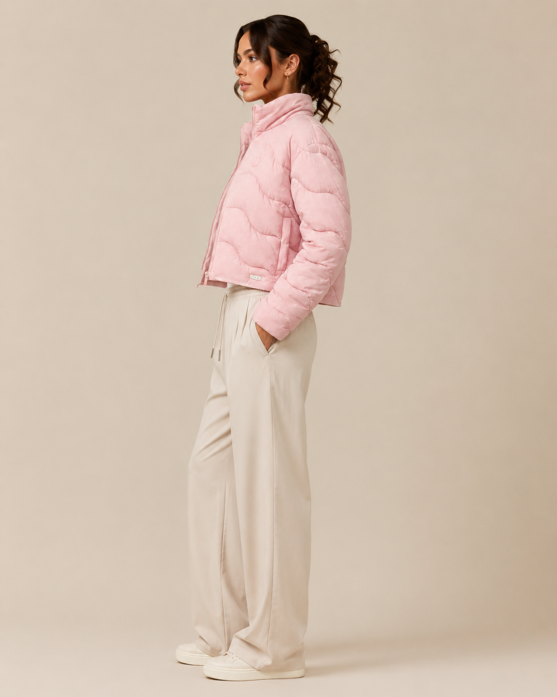 Model wearing PinkyCoco Pink Women's Fashion Jacket, three-quarter view