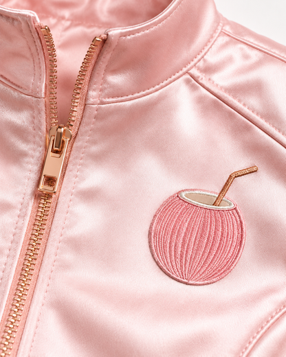 Model wearing PinkyCoco Pinky Women's Satin Bomber Jacket, three-quarter view