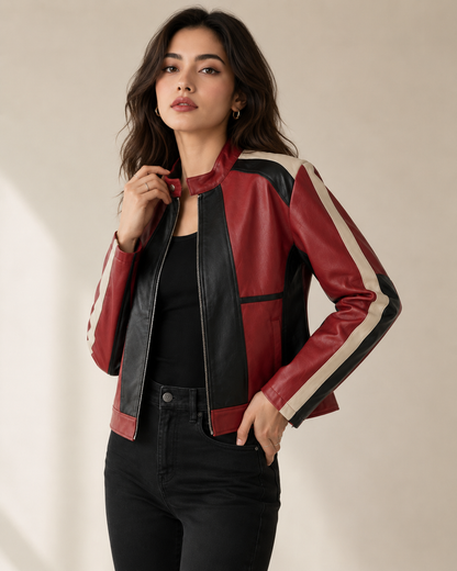 Model wearing the PinkyCoco Red Black Panel women's racing jacket, three-quarter view