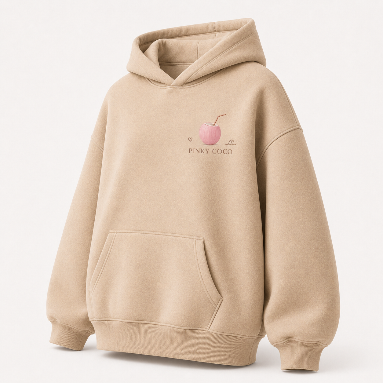 Three-quarter view of the PinkyCoco Sand Rose Horizon women's hoodie
